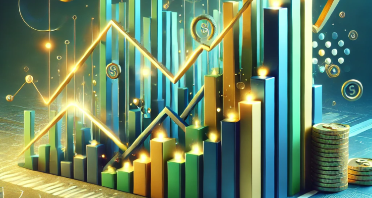 A dynamic financial illustration showcasing wealth growth through small-cap mutual funds, featuring a bar graph with gold and yellow accents, set against a vibrant blue and green background.