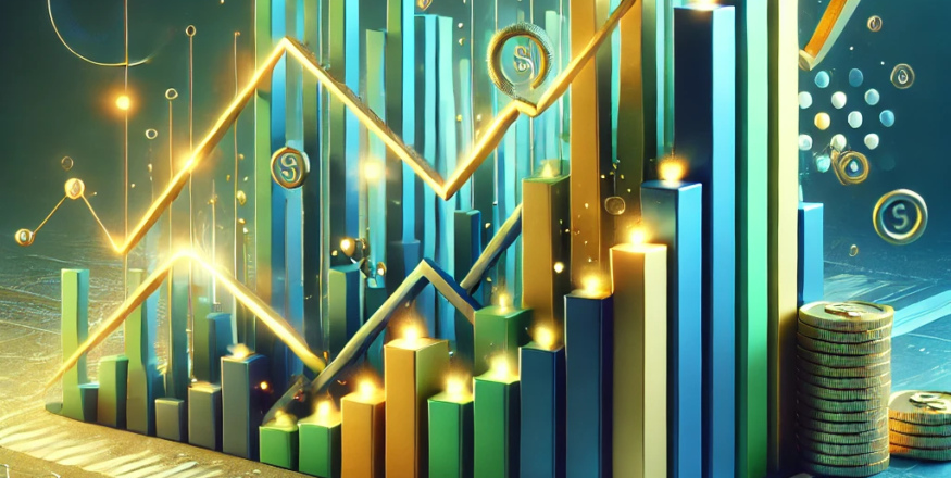 A dynamic financial illustration showcasing wealth growth through small-cap mutual funds, featuring a bar graph with gold and yellow accents, set against a vibrant blue and green background.