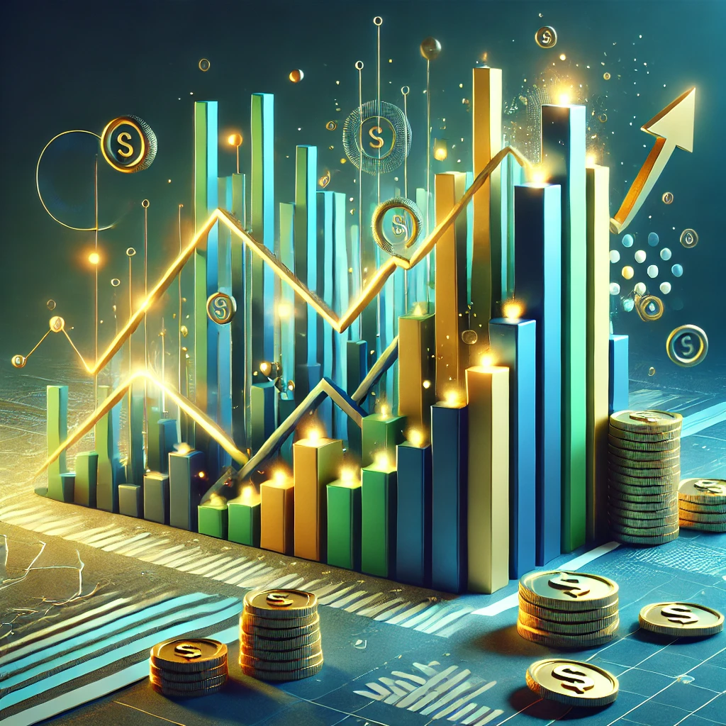 A dynamic financial illustration showcasing wealth growth through small-cap mutual funds, featuring a bar graph with gold and yellow accents, set against a vibrant blue and green background.