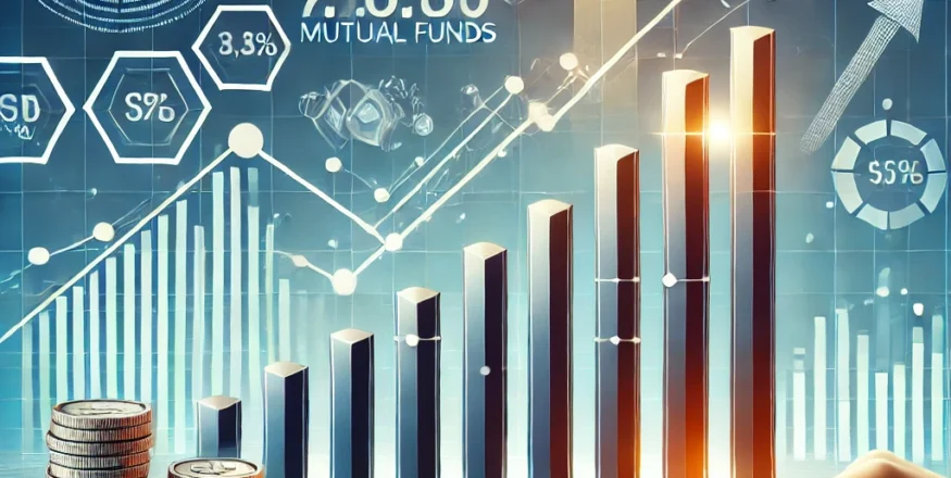 Illustration of top-performing large-cap mutual funds over the past decade, featuring a rising stock market graph, stacks of coins, and an investor analyzing data.