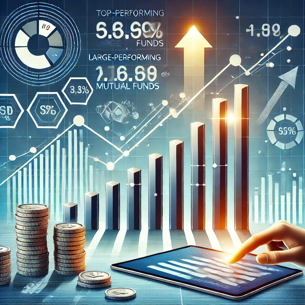 Illustration of top-performing large-cap mutual funds over the past decade, featuring a rising stock market graph, stacks of coins, and an investor analyzing data.