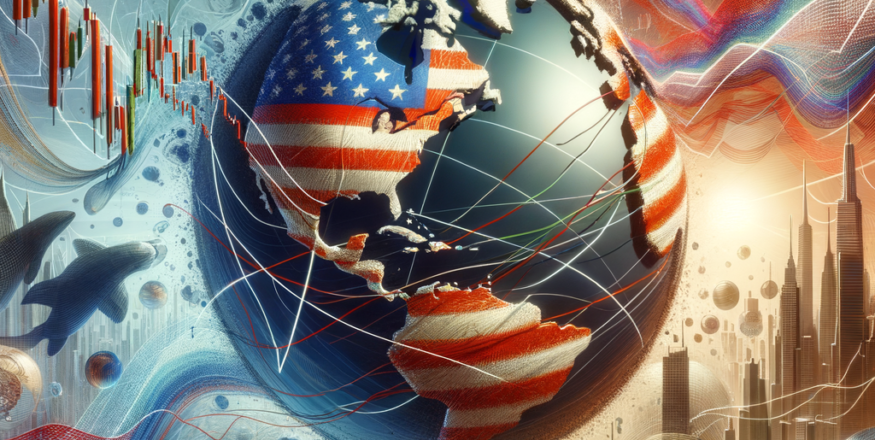 A global financial landscape with the U.S. at the center, featuring stock market trends, a globe, and interconnected financial elements symbolizing international trade and investment.