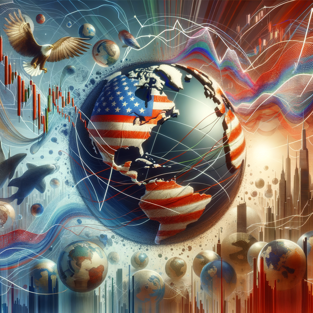 A global financial landscape with the U.S. at the center, featuring stock market trends, a globe, and interconnected financial elements symbolizing international trade and investment.