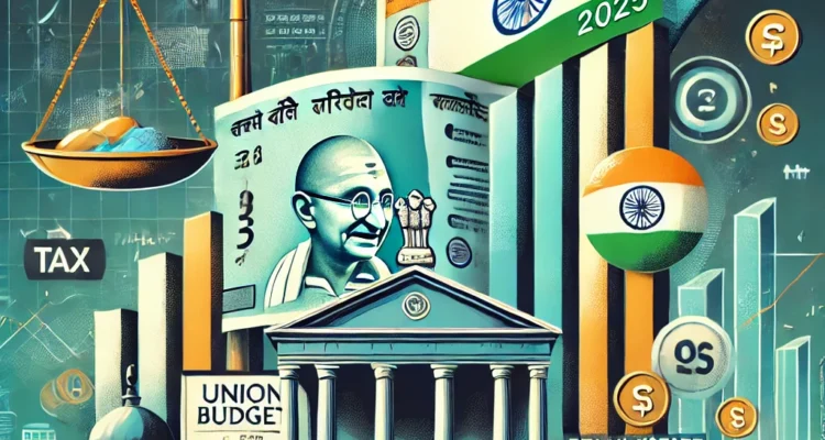 Illustration of Union Budget 2025 focusing on capital gains tax reforms in India, featuring an Indian Rupee symbol, stock market growth chart, tax policy documents, and a balance scale representing taxation changes.