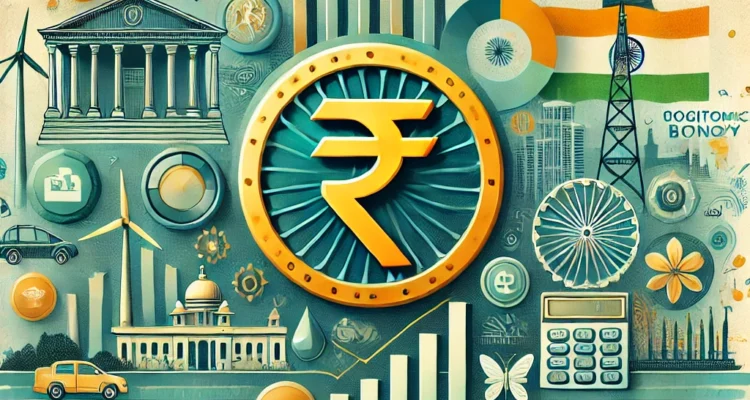 Illustration of Union Budget 2025 showcasing India's economic reforms, tax changes, infrastructure investments, and sectoral allocations with financial elements and growth charts.
