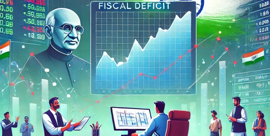 Illustration of India's Union Budget 2025 and its fiscal deficit impact on the stock market, featuring a financial analyst reviewing charts, stock market fluctuations, and a government official discussing economic policies.