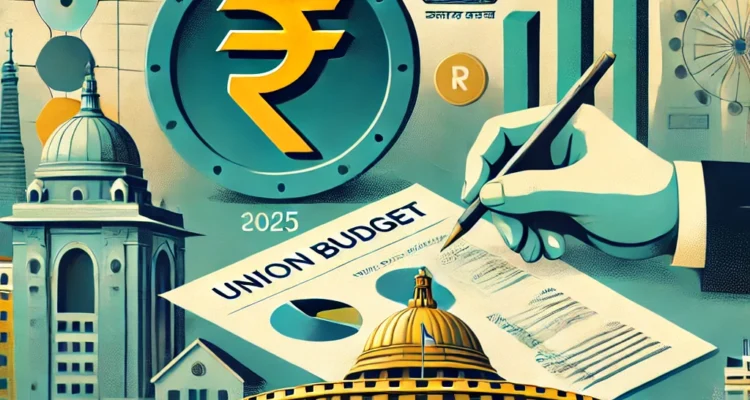 Illustration of Union Budget 2025 highlighting tax reforms, real estate sector, and railway infrastructure with economic growth charts and the Indian Rupee symbol.