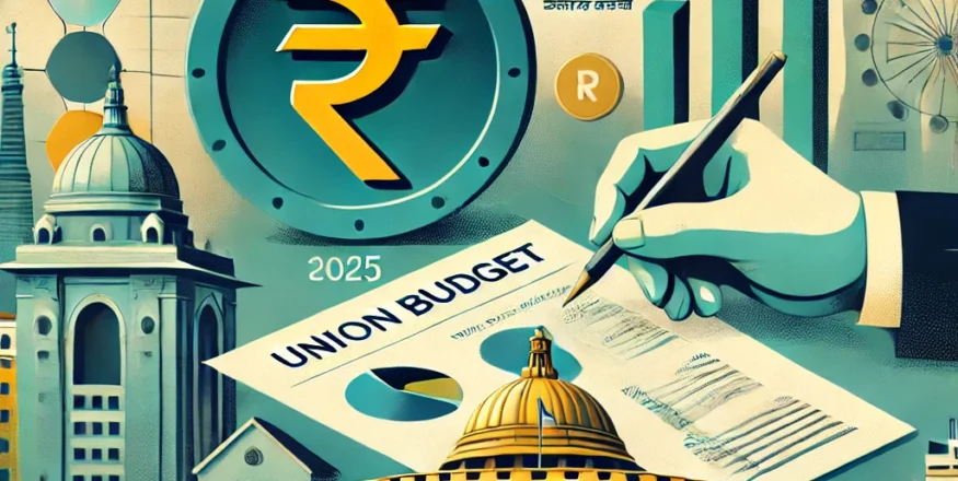 Illustration of Union Budget 2025 highlighting tax reforms, real estate sector, and railway infrastructure with economic growth charts and the Indian Rupee symbol.