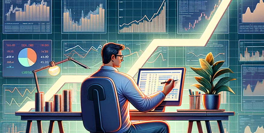 Investor analyzing Flexi-Cap fund performance on a computer, with charts and graphs showcasing diversification and growth potential.