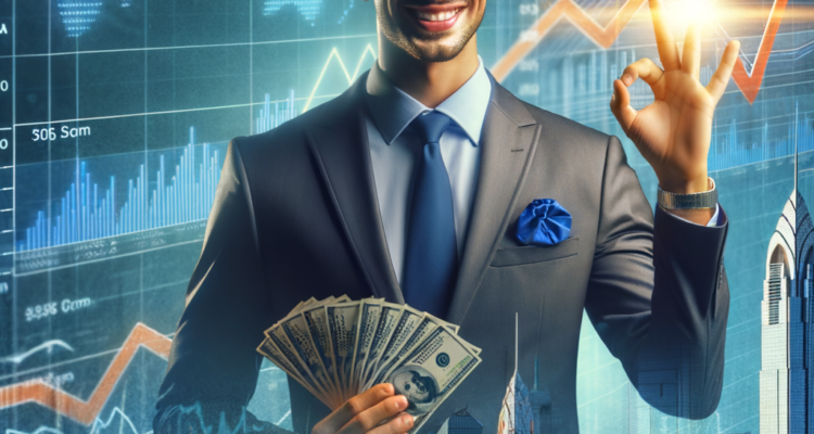 Confident investor holding cash with a background of financial growth charts and skyscrapers, symbolizing India's economic growth and investment opportunities.