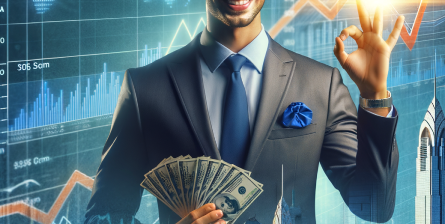 Confident investor holding cash with a background of financial growth charts and skyscrapers, symbolizing India's economic growth and investment opportunities.