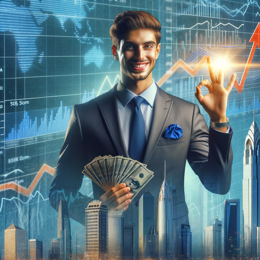 Confident investor holding cash with a background of financial growth charts and skyscrapers, symbolizing India's economic growth and investment opportunities.