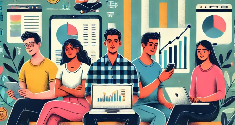 An illustration of young investors using Systematic Investment Plans (SIPs) to grow wealth, highlighting diverse strategies like goal-based investing and diversification.