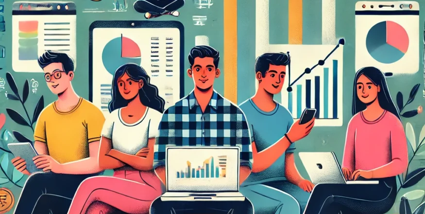 An illustration of young investors using Systematic Investment Plans (SIPs) to grow wealth, highlighting diverse strategies like goal-based investing and diversification.