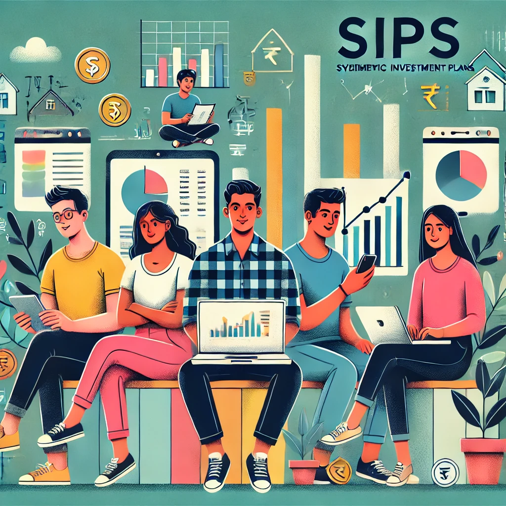 An illustration of young investors using Systematic Investment Plans (SIPs) to grow wealth, highlighting diverse strategies like goal-based investing and diversification.