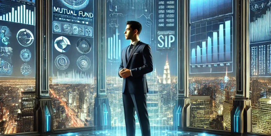 Futuristic financial trading floor with holographic screens displaying January 2025 mutual fund trends, SIP growth, and investment data. An Indian investor in a business suit analyzes a transparent tablet showing real-time market performance. The background features a high-tech city skyline with glowing financial charts and stock tickers.