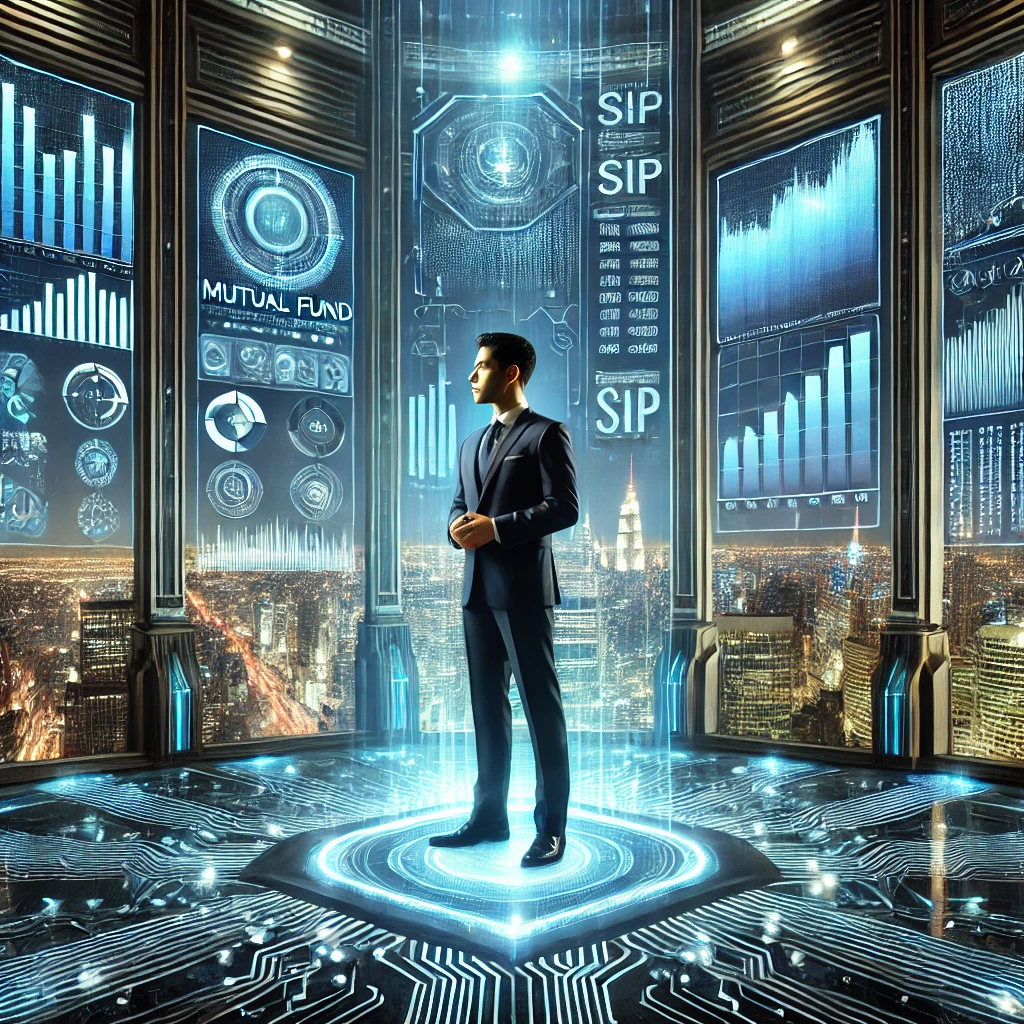 Futuristic financial trading floor with holographic screens displaying January 2025 mutual fund trends, SIP growth, and investment data. An Indian investor in a business suit analyzes a transparent tablet showing real-time market performance. The background features a high-tech city skyline with glowing financial charts and stock tickers.