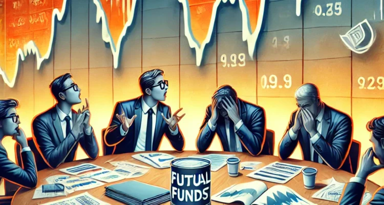 📉 Illustration of mutual fund market downturn, showing investors analyzing losses, a stock chart with a sharp decline, and financial documents spread on a table. One investor panics, while another strategizes, highlighting different approaches to market volatility.