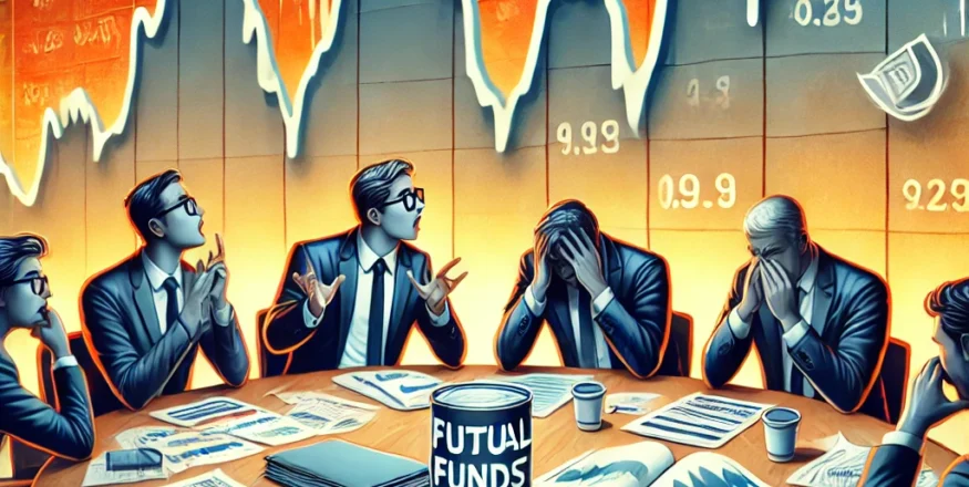 📉 Illustration of mutual fund market downturn, showing investors analyzing losses, a stock chart with a sharp decline, and financial documents spread on a table. One investor panics, while another strategizes, highlighting different approaches to market volatility.