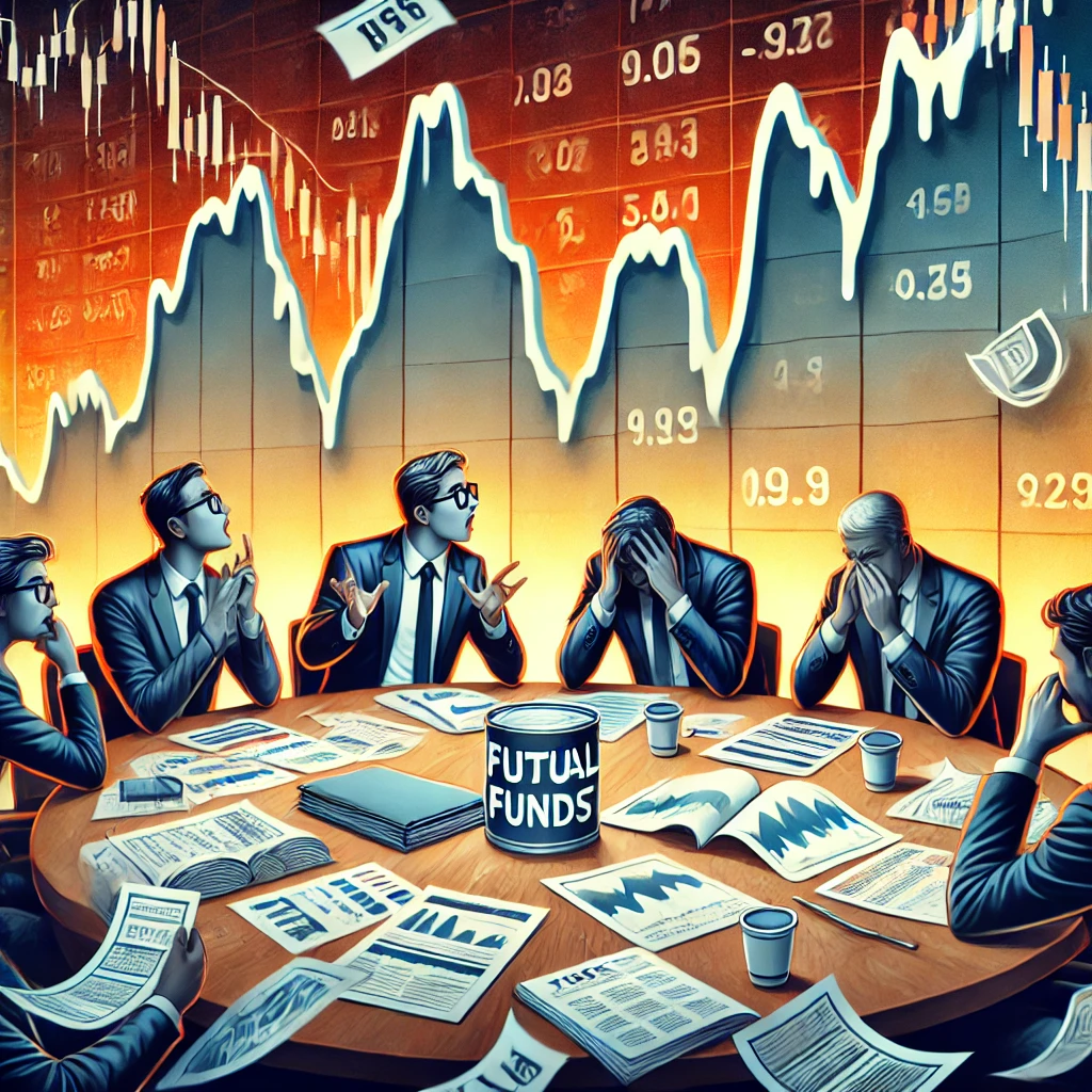 📉 Illustration of mutual fund market downturn, showing investors analyzing losses, a stock chart with a sharp decline, and financial documents spread on a table. One investor panics, while another strategizes, highlighting different approaches to market volatility.