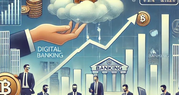 📈 Illustration of mutual funds investing in banking stocks, featuring a rising stock market chart, financial graphs, banking symbols, and investors analyzing data. The image reflects growing confidence in the banking sector and digital transformation trends.