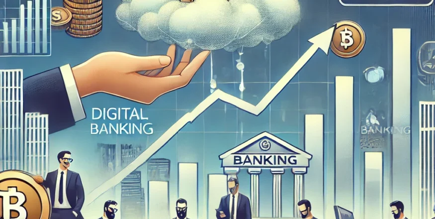 📈 Illustration of mutual funds investing in banking stocks, featuring a rising stock market chart, financial graphs, banking symbols, and investors analyzing data. The image reflects growing confidence in the banking sector and digital transformation trends.