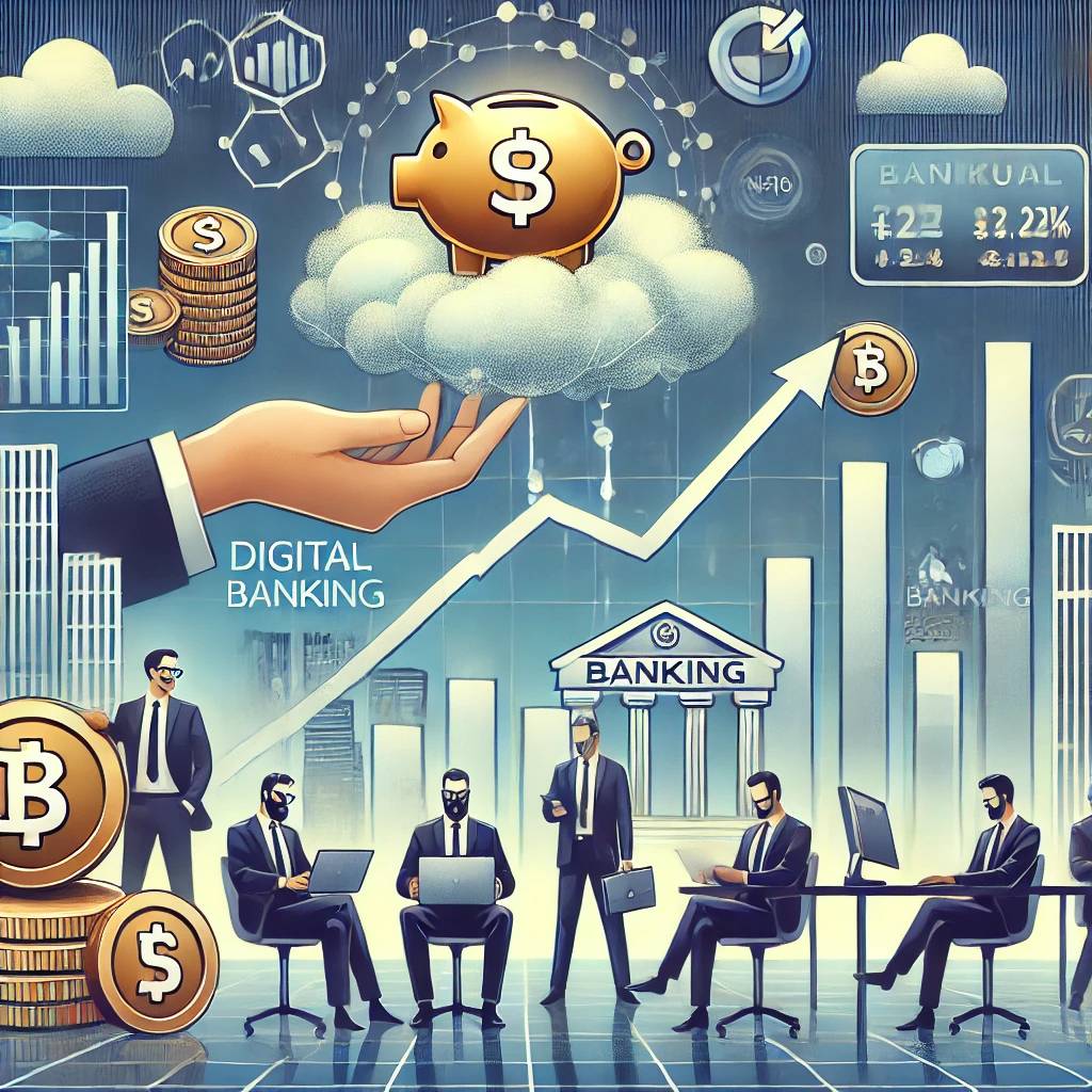 📈 Illustration of mutual funds investing in banking stocks, featuring a rising stock market chart, financial graphs, banking symbols, and investors analyzing data. The image reflects growing confidence in the banking sector and digital transformation trends.