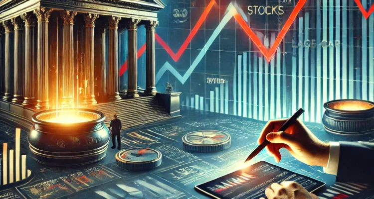 Stock market dashboard illustrating mutual fund stake reductions in mid-cap stocks during Q3 FY25. A financial analyst reviews declining holdings on a digital tablet, with falling trend lines, stock market tickers, and investment shifts towards large-cap stocks.