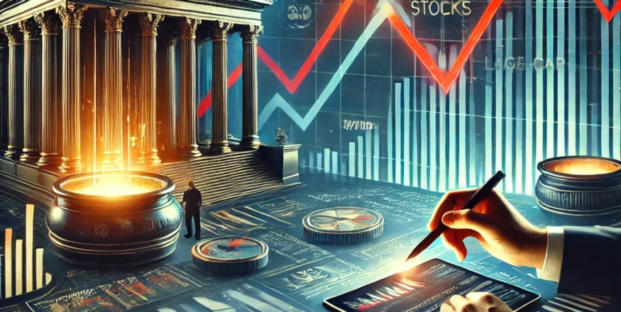 Stock market dashboard illustrating mutual fund stake reductions in mid-cap stocks during Q3 FY25. A financial analyst reviews declining holdings on a digital tablet, with falling trend lines, stock market tickers, and investment shifts towards large-cap stocks.