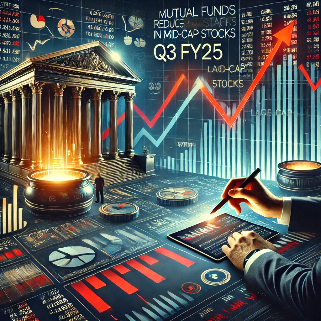 Stock market dashboard illustrating mutual fund stake reductions in mid-cap stocks during Q3 FY25. A financial analyst reviews declining holdings on a digital tablet, with falling trend lines, stock market tickers, and investment shifts towards large-cap stocks.