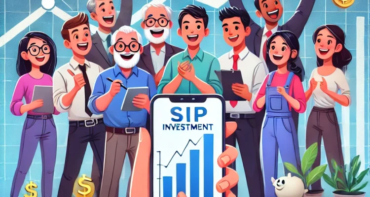 A diverse group of Indian investors, including young professionals, small business owners, and workers from the unorganized sector, looking at a smartphone displaying a SIP investment growth chart. The background features stock graphs and stacks of coins, symbolizing the power of small investments and compounding returns.