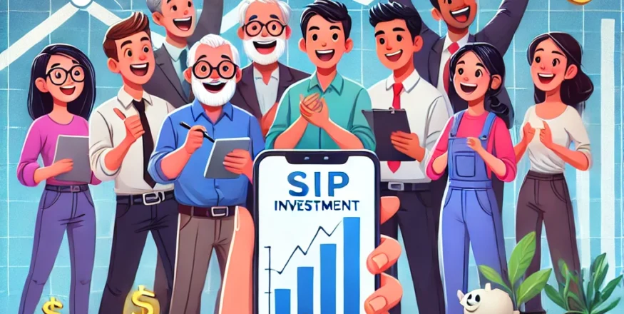 A diverse group of Indian investors, including young professionals, small business owners, and workers from the unorganized sector, looking at a smartphone displaying a SIP investment growth chart. The background features stock graphs and stacks of coins, symbolizing the power of small investments and compounding returns.