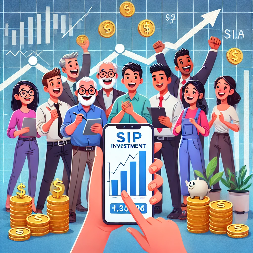 A diverse group of Indian investors, including young professionals, small business owners, and workers from the unorganized sector, looking at a smartphone displaying a SIP investment growth chart. The background features stock graphs and stacks of coins, symbolizing the power of small investments and compounding returns.