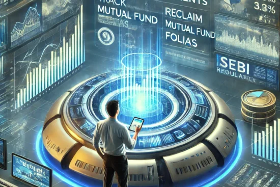 An investor using the SEBI MITRA platform to track and reclaim forgotten mutual fund investments, with a futuristic digital interface displaying financial charts, mutual fund folios, and regulatory