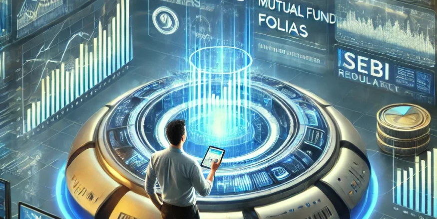 An investor using the SEBI MITRA platform to track and reclaim forgotten mutual fund investments, with a futuristic digital interface displaying financial charts, mutual fund folios, and regulatory