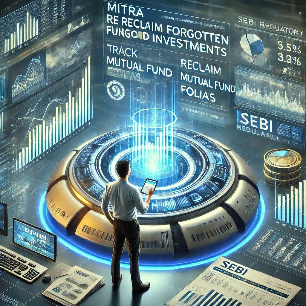 An investor using the SEBI MITRA platform to track and reclaim forgotten mutual fund investments, with a futuristic digital interface displaying financial charts, mutual fund folios, and regulatory