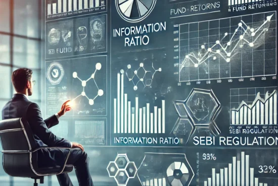 Investor analyzing mutual fund performance metrics, including the Information Ratio and SEBI regulatory updates, on a digital screen.