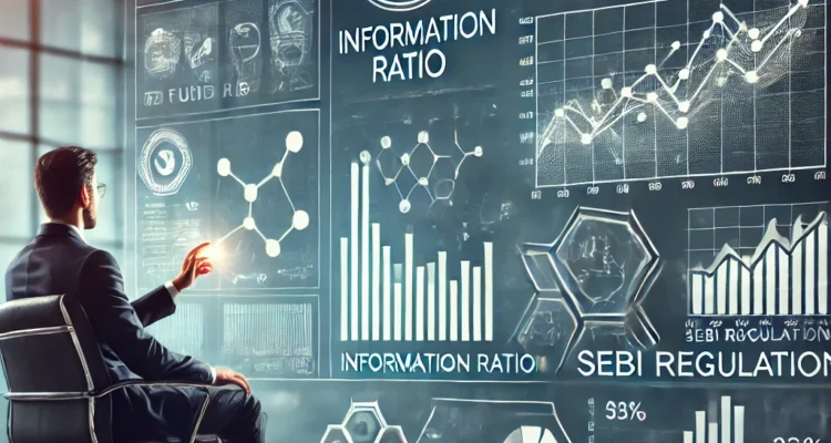 Investor analyzing mutual fund performance metrics, including the Information Ratio and SEBI regulatory updates, on a digital screen.