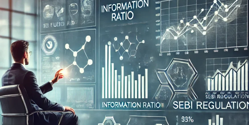 Investor analyzing mutual fund performance metrics, including the Information Ratio and SEBI regulatory updates, on a digital screen.