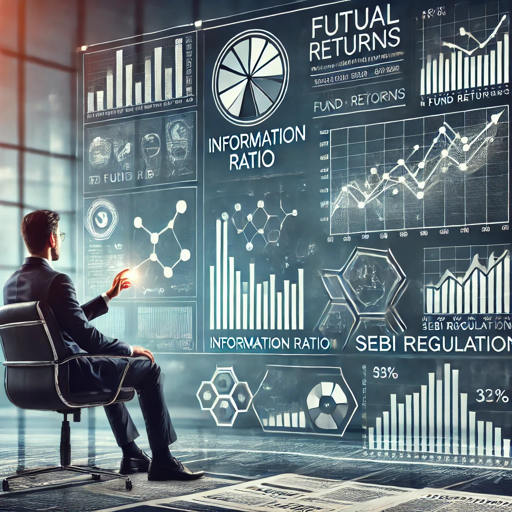 Investor analyzing mutual fund performance metrics, including the Information Ratio and SEBI regulatory updates, on a digital screen.