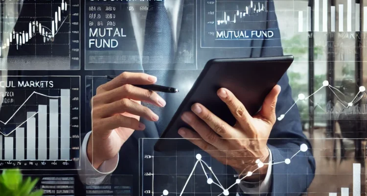 Financial analyst reviewing SEBI’s new mutual fund regulations for 2025 on a digital tablet, with stock market charts and mutual fund data displayed on the screen.