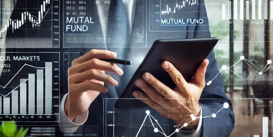 Financial analyst reviewing SEBI’s new mutual fund regulations for 2025 on a digital tablet, with stock market charts and mutual fund data displayed on the screen.