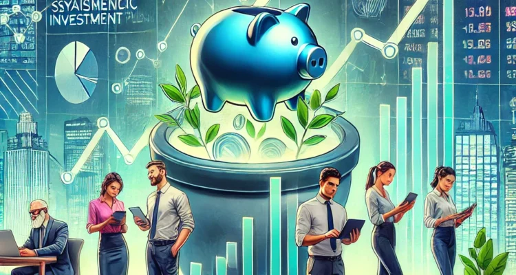 Illustration of consistent SIP inflows in India with an upward-trending stock market graph, investors analyzing SIP growth charts, and financial tickers showing mutual fund performance.