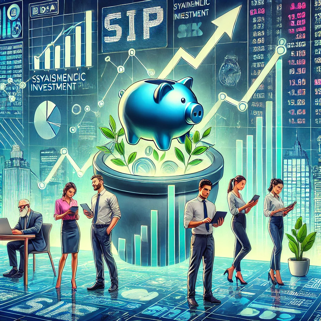 Illustration of consistent SIP inflows in India with an upward-trending stock market graph, investors analyzing SIP growth charts, and financial tickers showing mutual fund performance.