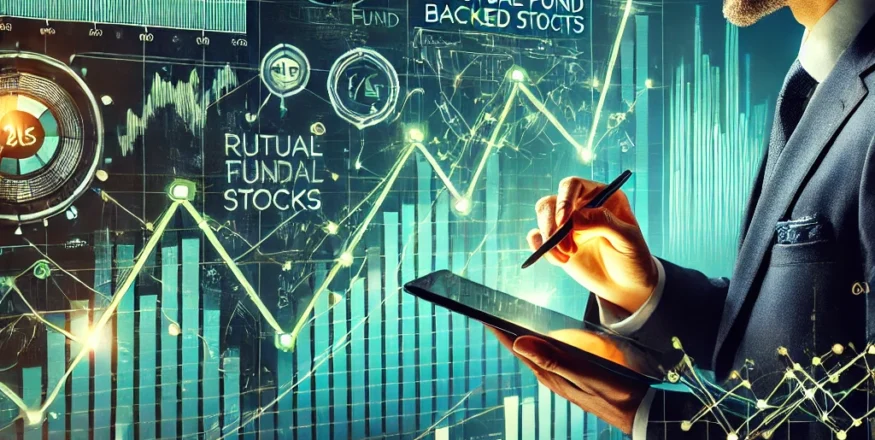 Stock market dashboard displaying India's top 11 mutual fund-backed stocks in 2025. A fund manager analyzes investment trends on a digital tablet, with glowing financial charts, trend lines, and stock performance data in the background.