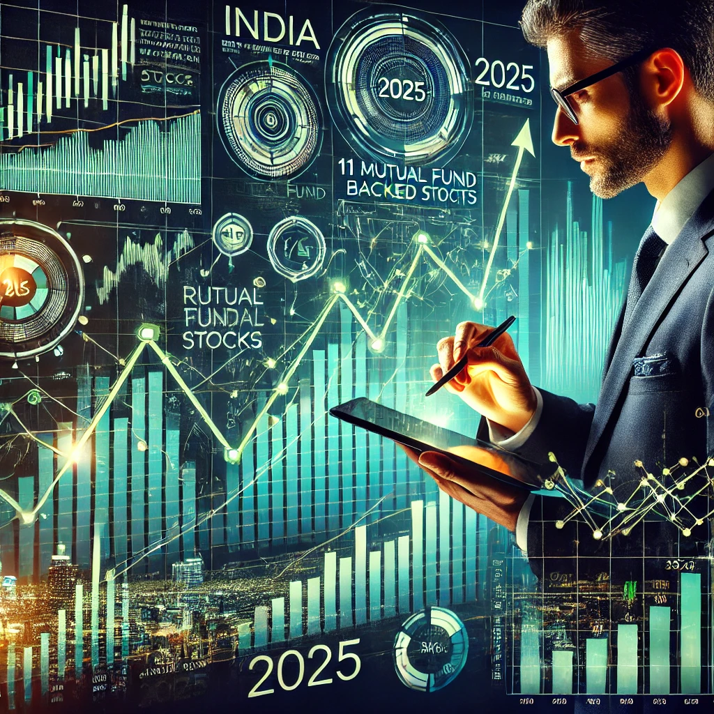 Stock market dashboard displaying India's top 11 mutual fund-backed stocks in 2025. A fund manager analyzes investment trends on a digital tablet, with glowing financial charts, trend lines, and stock performance data in the background.