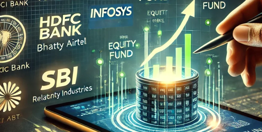 Stock market chart with an upward trend, highlighting top 7 mutual fund stocks of 2025, including ICICI Bank, HDFC Bank, Infosys, Bharti Airtel, Reliance Industries, SBI, and L&T. A mutual fund manager holds a tablet showing equity fund growth trends, with financial tickers and data in the background.