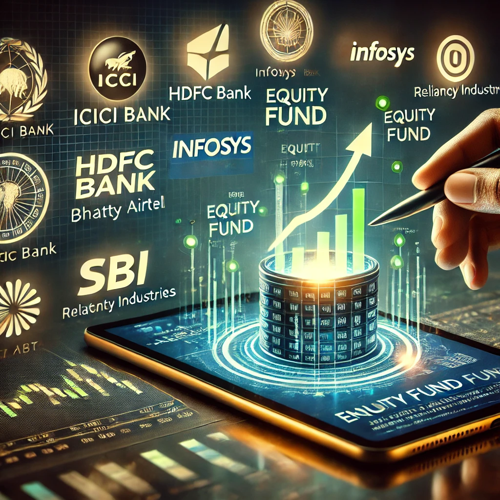 Stock market chart with an upward trend, highlighting top 7 mutual fund stocks of 2025, including ICICI Bank, HDFC Bank, Infosys, Bharti Airtel, Reliance Industries, SBI, and L&T. A mutual fund manager holds a tablet showing equity fund growth trends, with financial tickers and data in the background.