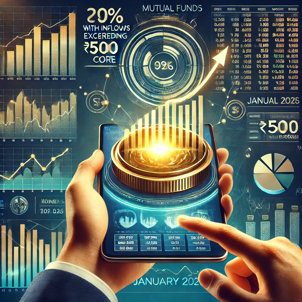 A financial illustration showing top mutual fund inflows in January 2025, featuring stock market charts, a glowing portfolio file, a mutual fund manager holding an investment analysis tablet, and stock market tickers highlighting ₹500 crore+ inflows.