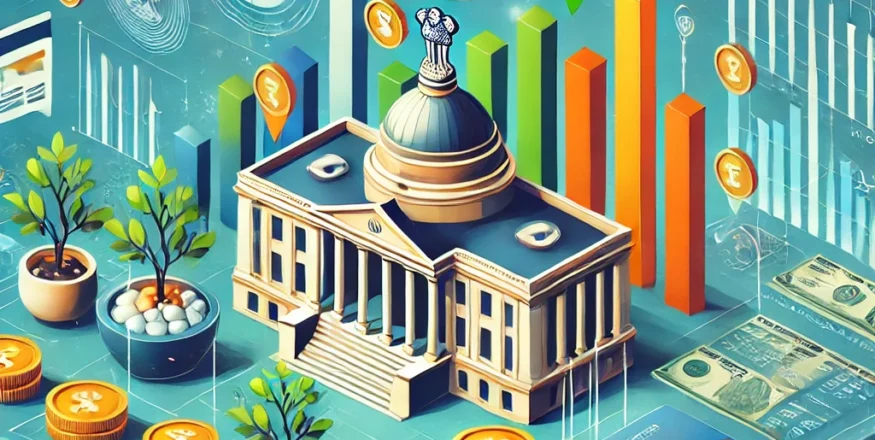 Illustration depicting investment risks and opportunities post Union Budget 2025-26, highlighting taxation, fiscal deficit, inflation, and key investment sectors.